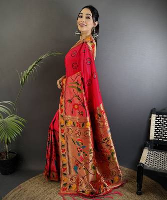 red soft silk blend paithani meenakari zari weaving saree 2