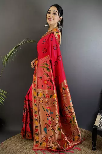 red soft silk blend paithani meenakari zari weaving saree