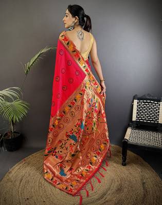 red soft silk blend paithani meenakari zari weaving saree 3