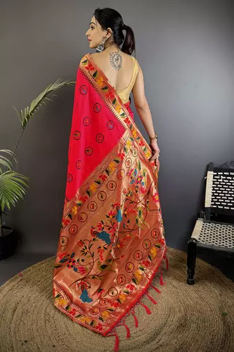 red soft silk blend paithani meenakari zari weaving saree