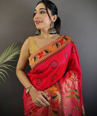 red soft silk blend paithani meenakari zari weaving saree 4