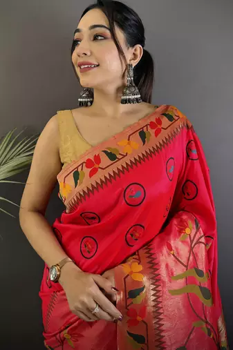 red soft silk blend paithani meenakari zari weaving saree