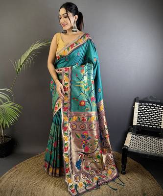 cyan blue soft silk blend paithani meenakari zari weaving saree 1