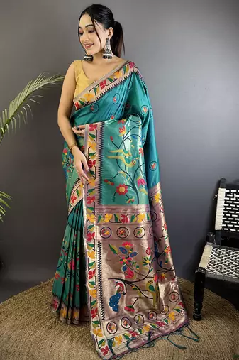 cyan blue soft silk blend paithani meenakari zari weaving saree