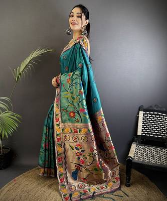 cyan blue soft silk blend paithani meenakari zari weaving saree 2