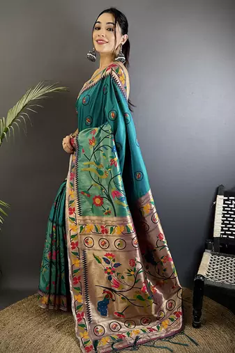 cyan blue soft silk blend paithani meenakari zari weaving saree