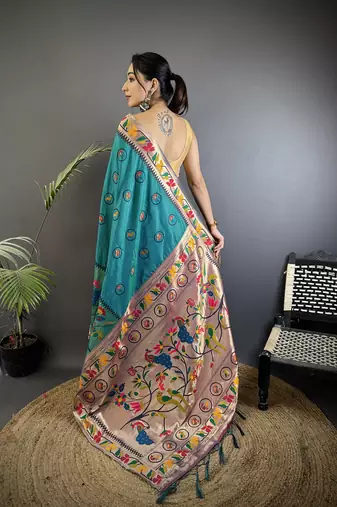 cyan blue soft silk blend paithani meenakari zari weaving saree
