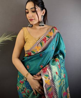 cyan blue soft silk blend paithani meenakari zari weaving saree 4