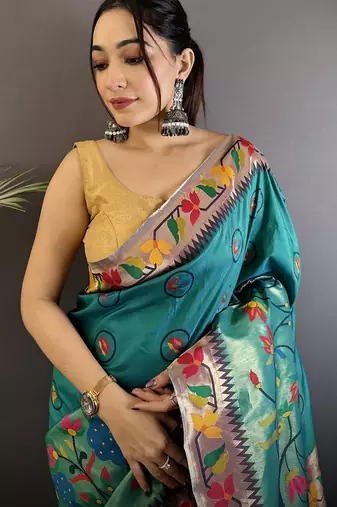 cyan blue soft silk blend paithani meenakari zari weaving saree