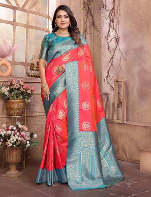 pink soft silk blend banarasi zari woven saree 1