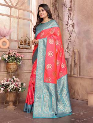 pink soft silk blend banarasi zari woven saree 3