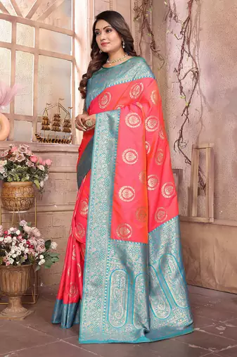 pink soft silk blend banarasi zari woven saree