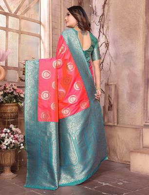 pink soft silk blend banarasi zari woven saree 4