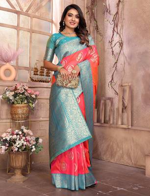 pink soft silk blend banarasi zari woven saree 5