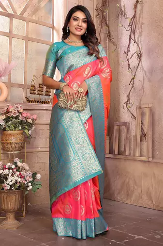 pink soft silk blend banarasi zari woven saree