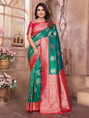 green soft silk blend banarasi zari woven saree 1