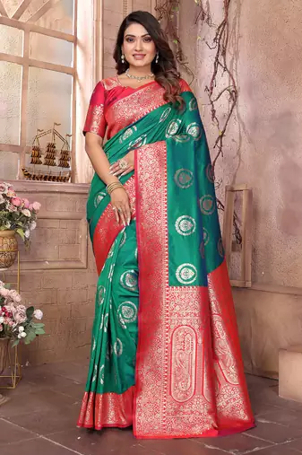 green soft silk blend banarasi zari woven saree
