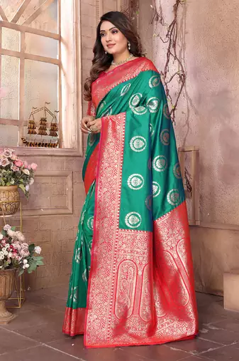 green soft silk blend banarasi zari woven saree