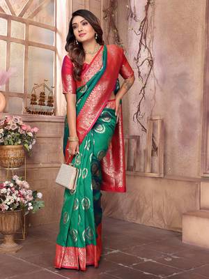 green soft silk blend banarasi zari woven saree 5