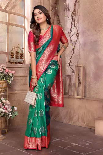 green soft silk blend banarasi zari woven saree
