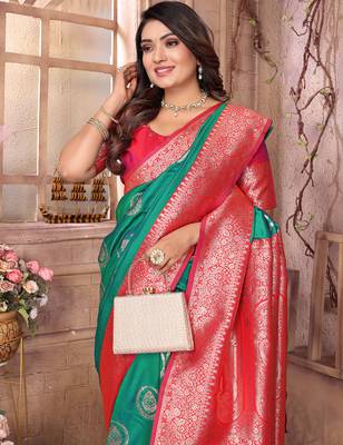 green soft silk blend banarasi zari woven saree 6