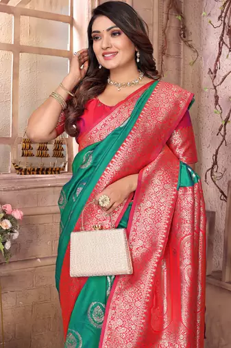 green soft silk blend banarasi zari woven saree