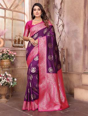 purple soft silk blend banarasi zari woven saree 1
