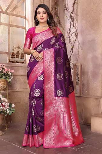 purple soft silk blend banarasi zari woven saree