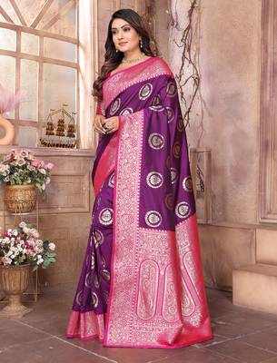 purple soft silk blend banarasi zari woven saree 3