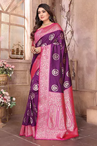 purple soft silk blend banarasi zari woven saree