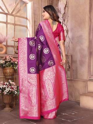 purple soft silk blend banarasi zari woven saree 4