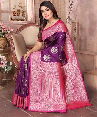 purple soft silk blend banarasi zari woven saree 5