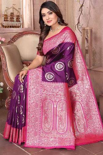 purple soft silk blend banarasi zari woven saree