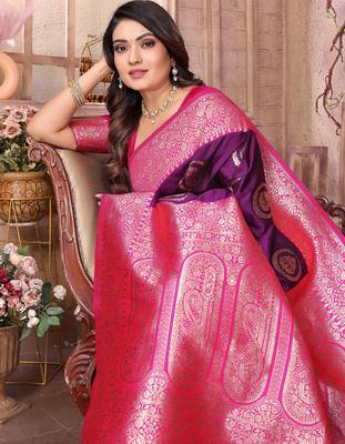 purple soft silk blend banarasi zari woven saree 6
