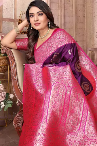 purple soft silk blend banarasi zari woven saree