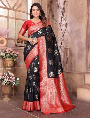 black soft silk blend banarasi zari woven saree 1