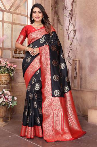 black soft silk blend banarasi zari woven saree