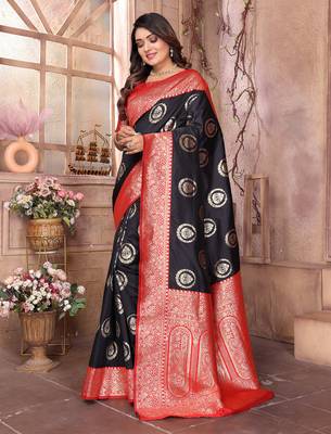 black soft silk blend banarasi zari woven saree 3