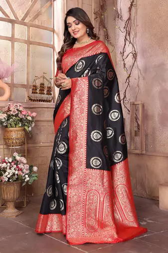 black soft silk blend banarasi zari woven saree