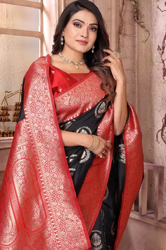 black soft silk blend banarasi zari woven saree