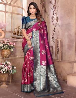magenta soft silk blend banarasi zari woven saree 1