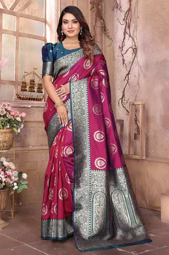magenta soft silk blend banarasi zari woven saree