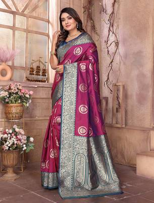 magenta soft silk blend banarasi zari woven saree 3