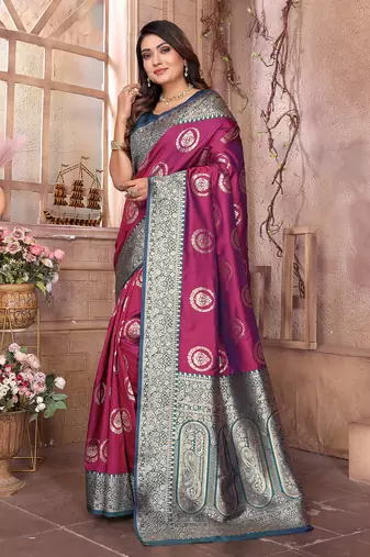 magenta soft silk blend banarasi zari woven saree