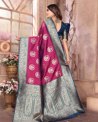 magenta soft silk blend banarasi zari woven saree 4