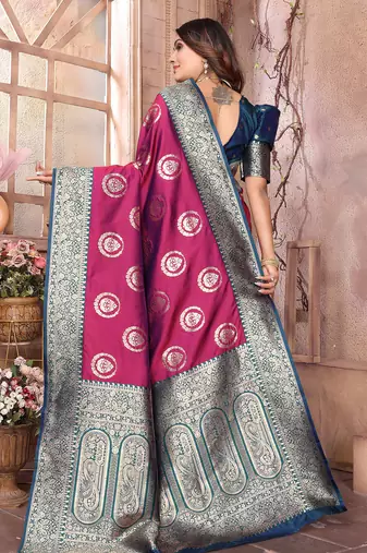magenta soft silk blend banarasi zari woven saree
