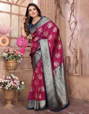 magenta soft silk blend banarasi zari woven saree 5