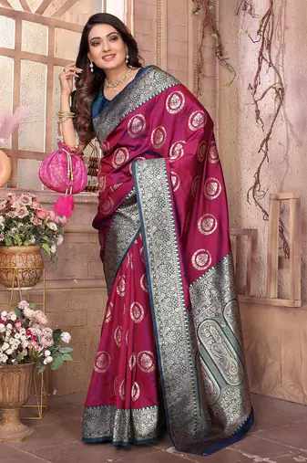 magenta soft silk blend banarasi zari woven saree