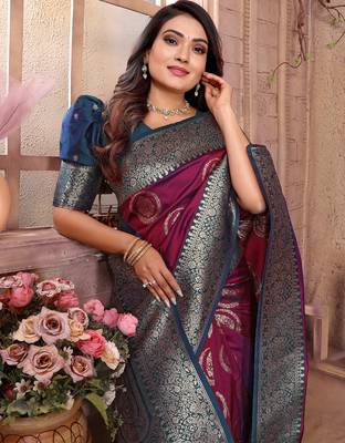 magenta soft silk blend banarasi zari woven saree 6