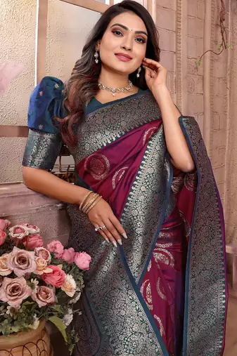 magenta soft silk blend banarasi zari woven saree